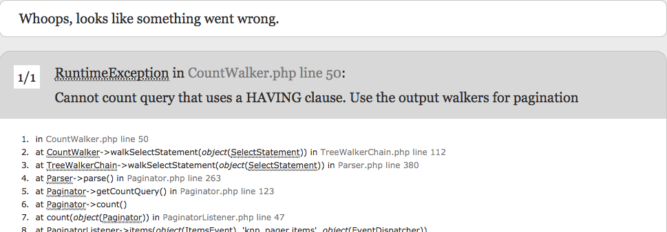 Cannot count query that uses a HAVING clause. Use the output walkers for pagination