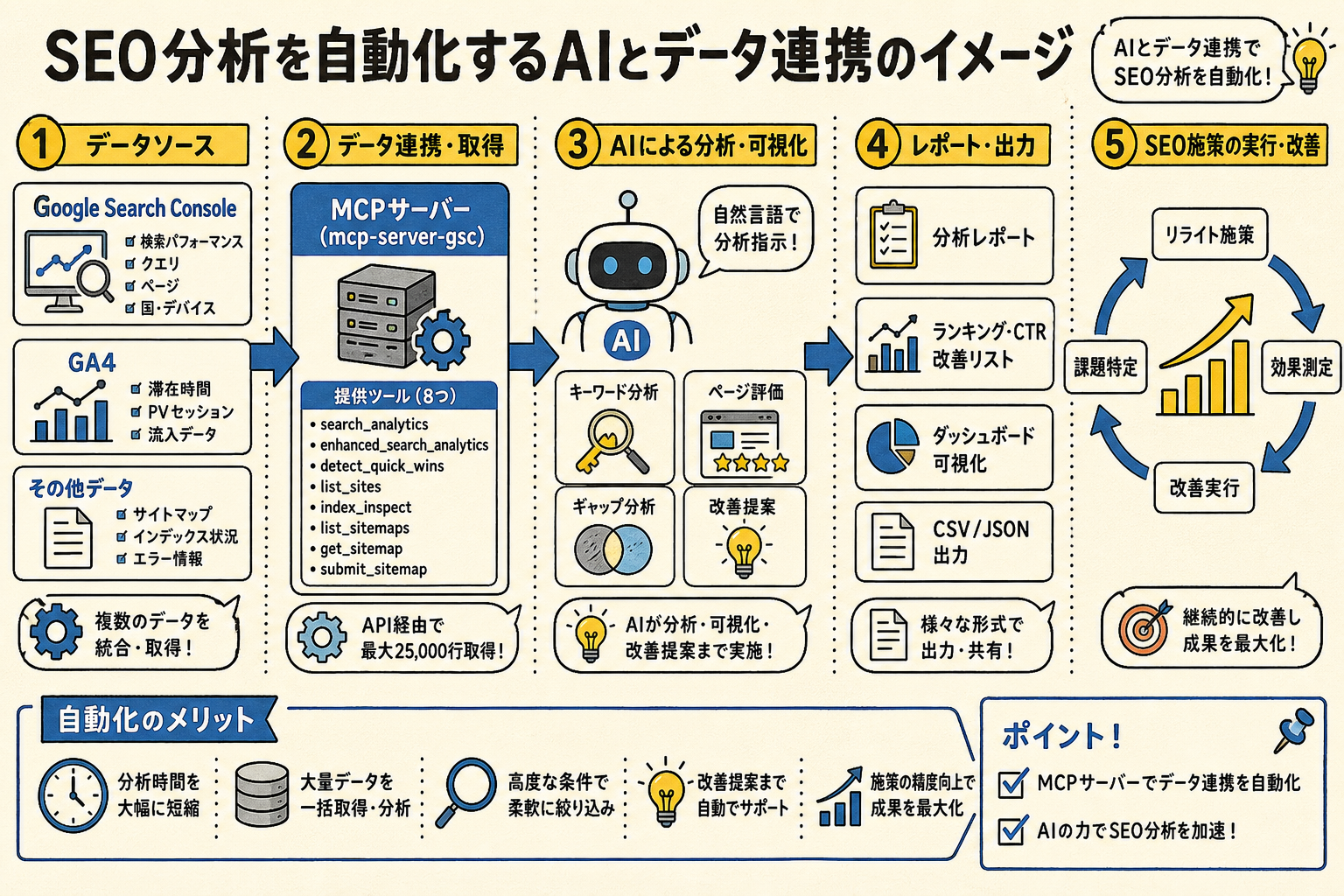 SEO分析を自動化するAIとデータ連携のイメージ